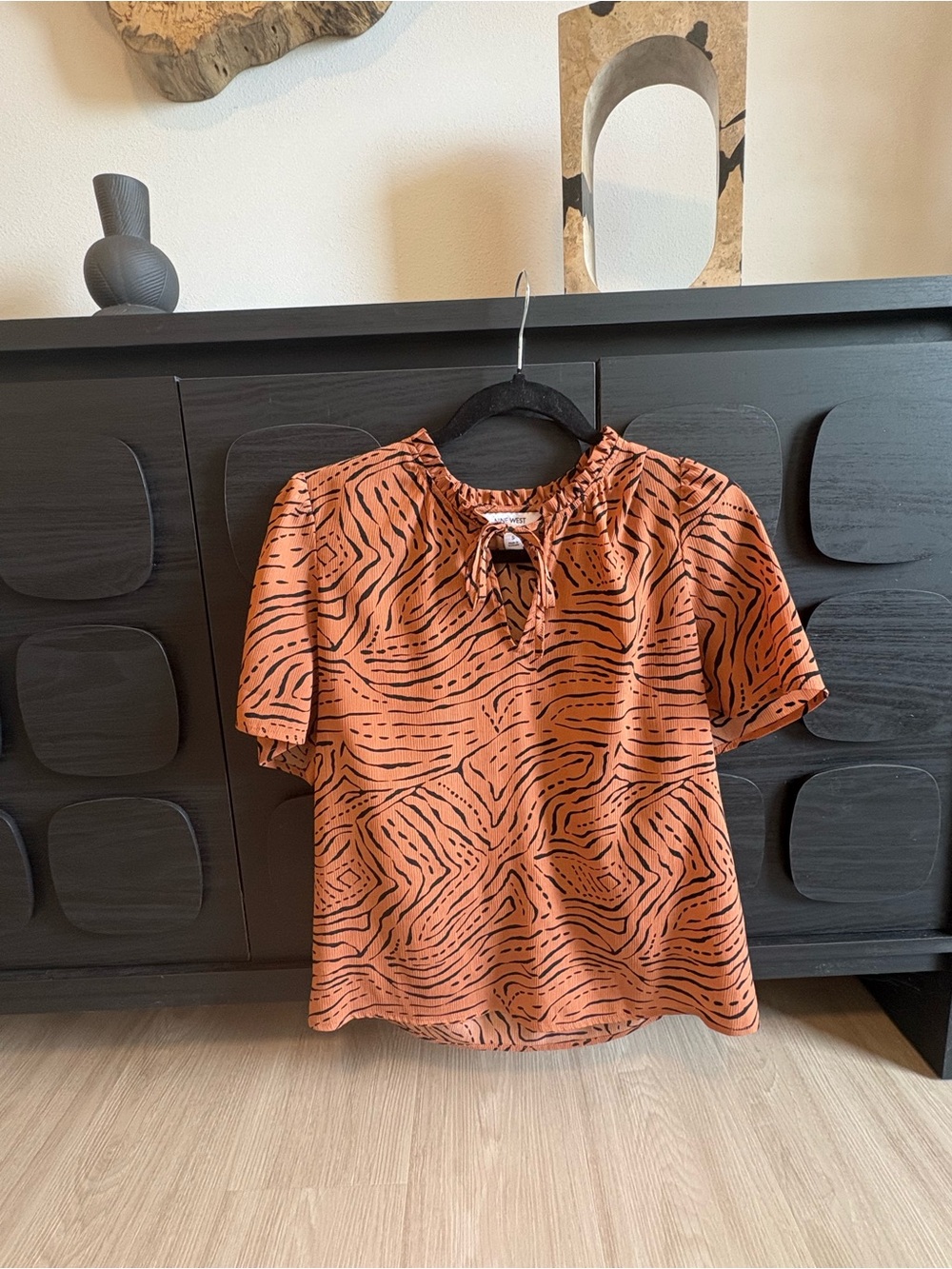 Nine West Rust Orange Blouse with Black Abstract Print